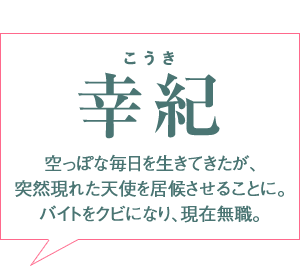 人生投げ気味のヤカラ男
幸紀(こうき)
空っぽな毎日を生きてきたが、
突然現れた天使を居候させることに。
バイトをクビになり、現在無職。