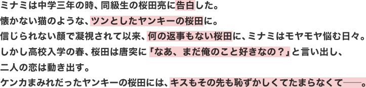 ミナミは中学三年の時、同級生の桜田亮に告白した。
懐かない猫のような、ツンとしたヤンキーの桜田に。
信じられない顔で凝視されて以来、何の返事もない桜田に、ミナミはモヤモヤ悩む日々。
しかし高校入学の春、桜田は唐突に「なあ、まだ俺のこと好きなの？」と言い出し、二人の恋は動き出す。
ケンカまみれだったヤンキーの桜田には、キスもその先も恥ずかしくてたまらなくてーー。