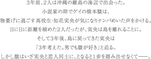 ３年前、２人は沖縄の離島の海辺で出会った。
小説家の卵でゲイの橋本駿は、
物憂げに過ごす高校生・知花実央が気になりナンパめいた声をかける。
日に日に距離を縮めた２人だったが、実央は島を離れることに。
そして３年後、島に戻ってきた実央は
「3年考えた。男でも駿が好き」と迫る。
しかし駿はいざ実央と恋人同士に、となると１歩を踏み出せなくてーー。